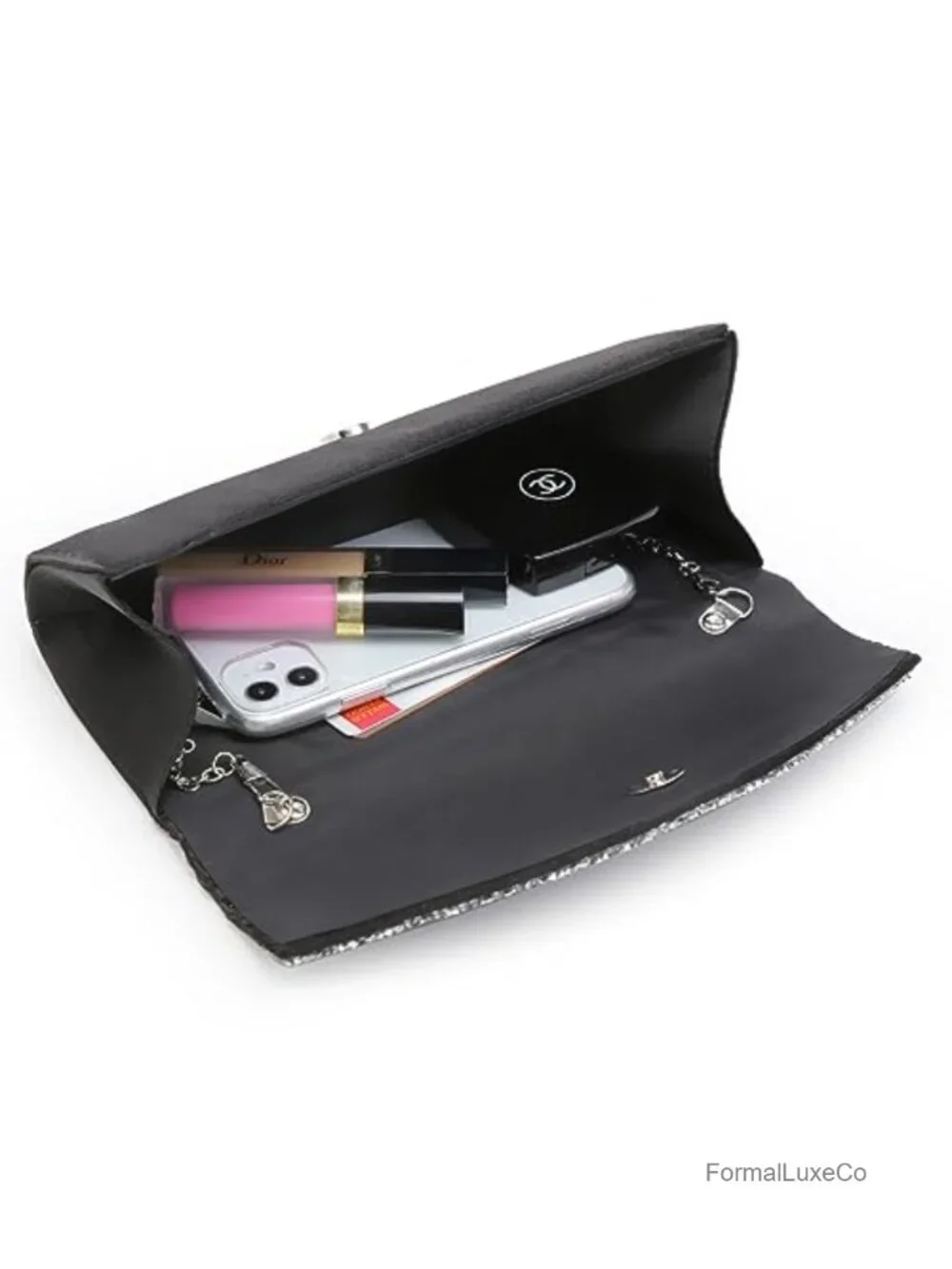 Satin Evening Clutch with Rhinestone Trim Pleated Flap Crossbody
